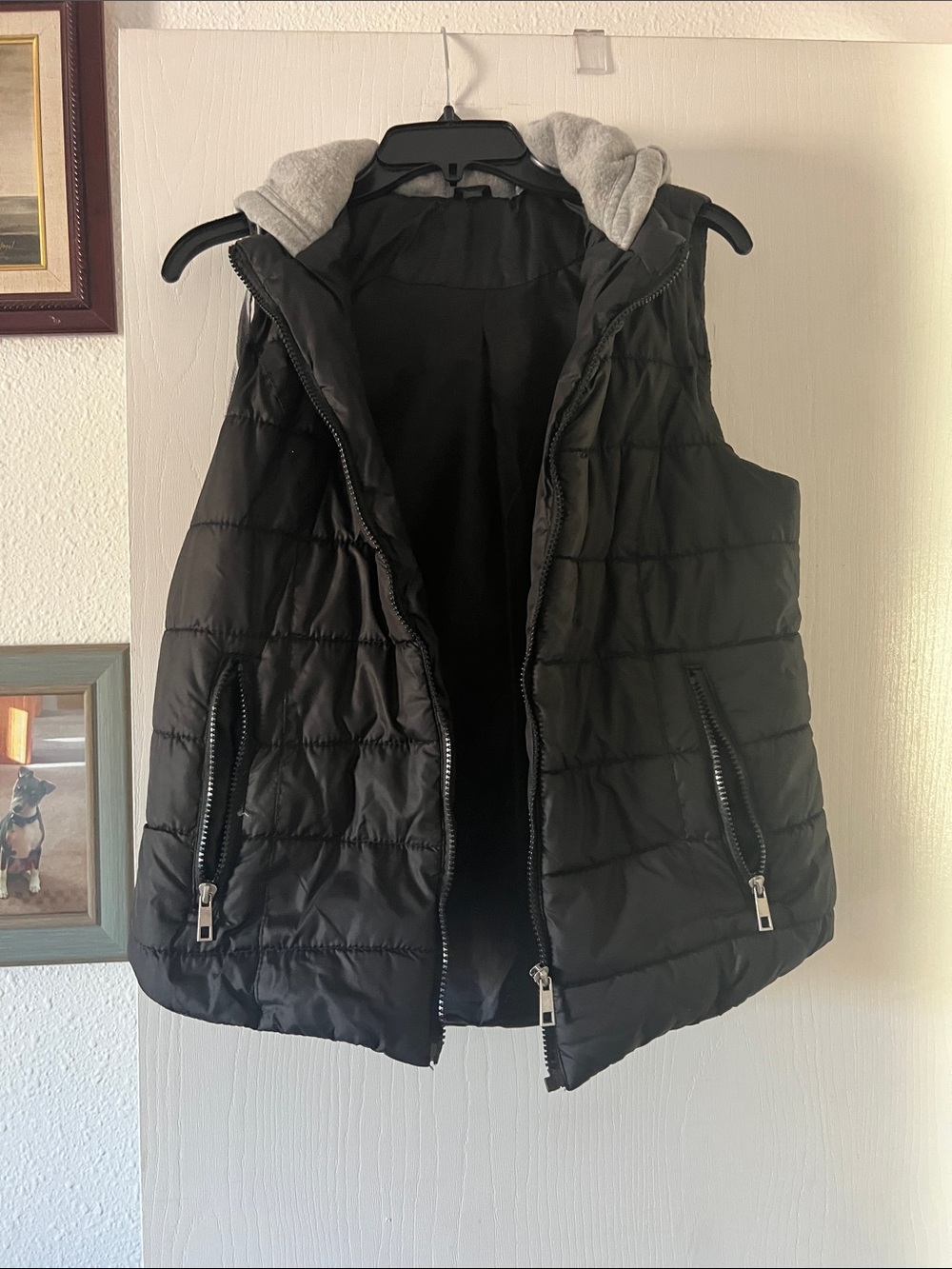Women’s Black Quilted Hooded Puffer Vest with Gray Hood
